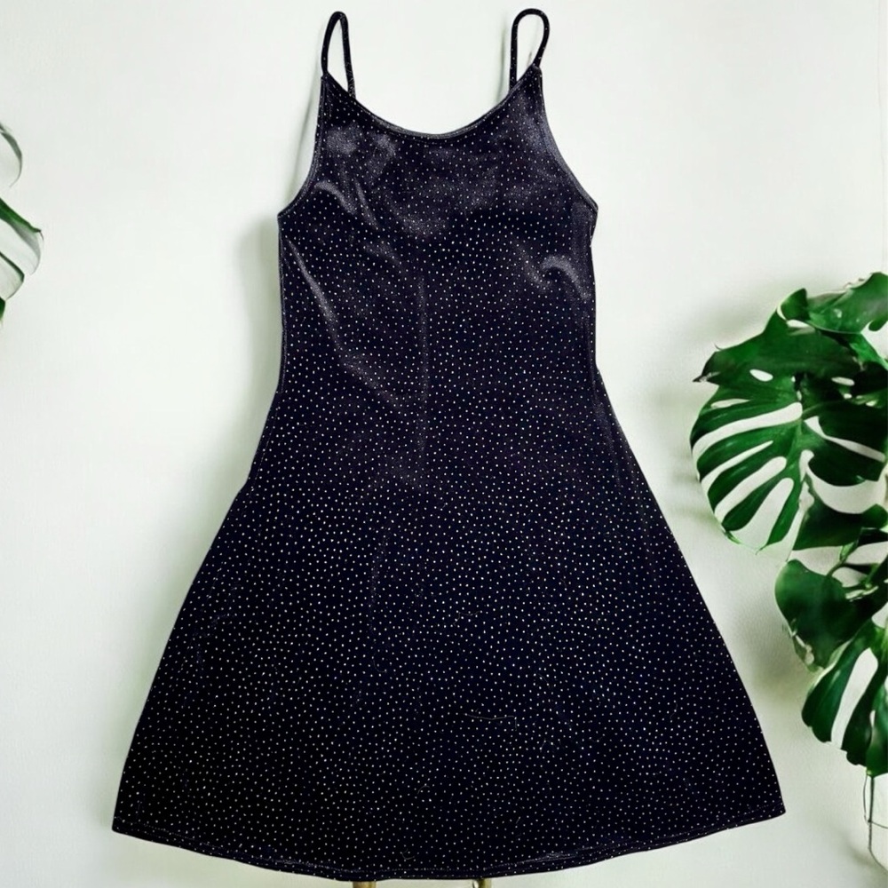 M Studio Vintage 90s Black Crushed Velvet Mini Dress Sparkly Polka Dots Strappy